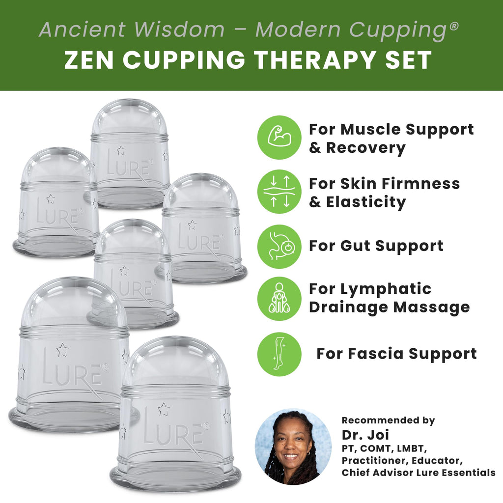 LURE Essentials Zen Cupping Therapy Set Cupping Kit for Massage Therapy - Silicone Cups - Massage Cups Cupping for Cellulite – Lymphatic Drainage Massage - Fascia (6 Cups Clear)