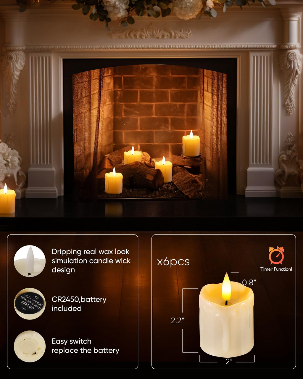 Homemory 2" x 2" Timer Flickering Flameless Candles, Realistic Battery Operated Votive Candles, 6Pack 3D Wick Electric Fake Candles for Christmas, Wedding, Home Decorations (Ivory Base)