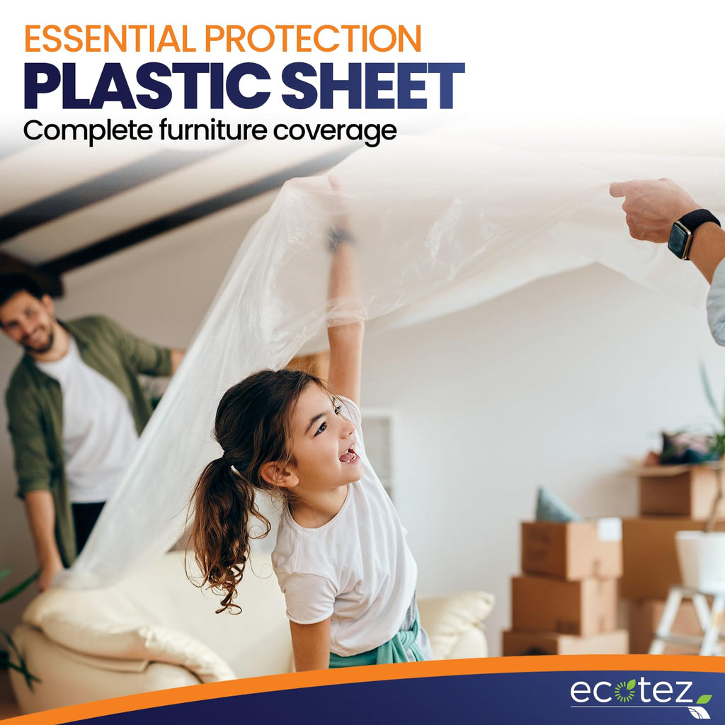 Ecotez 12 Pack 12 x 9 ft Extra Large Plastic Drop Cloth for Painting - Light & Durable Tarp Cover for Furniture - Plastic Clear Tarp Waterproof - Paint Floor Covering - Painters Drop Cloth Sheeting