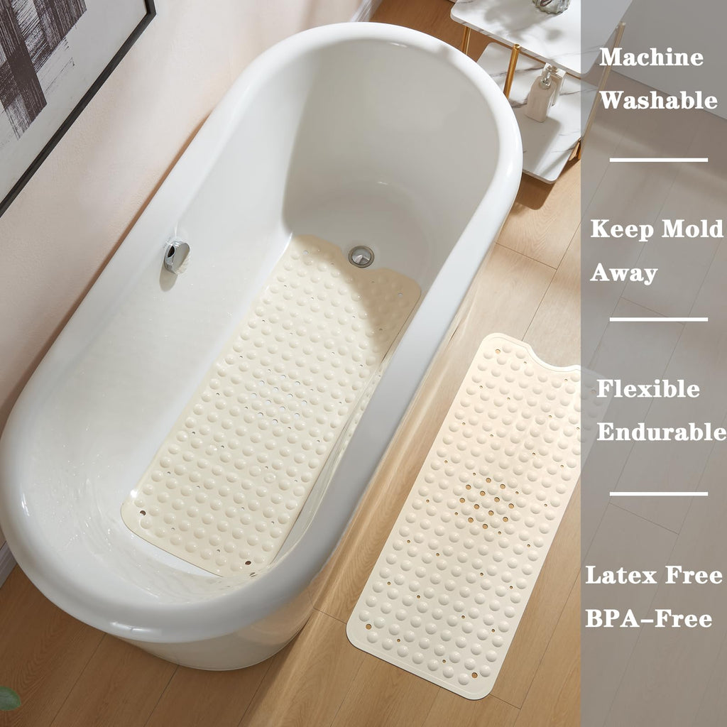 YANZIFLY Bathtub Mat for Shower: Soft Silicone 16X40 Inch Bath Mat Non Slip with Suction Cups Tub Mat for Bathroom for Kids Elderly Extra Large Shower matt Machine Washable - Beige