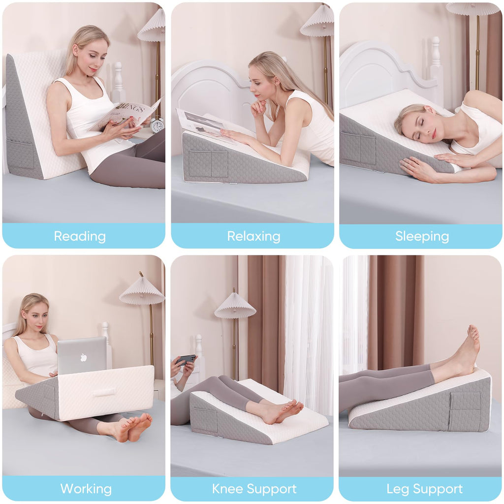 Forias Wedge Pillow for Sleeping,10" Bed Wedge Pillow for After Surgery,Acid Reflux,Snoring,Memory Foam Top Triangle Pillow Wedge with Breathable Removable Cover