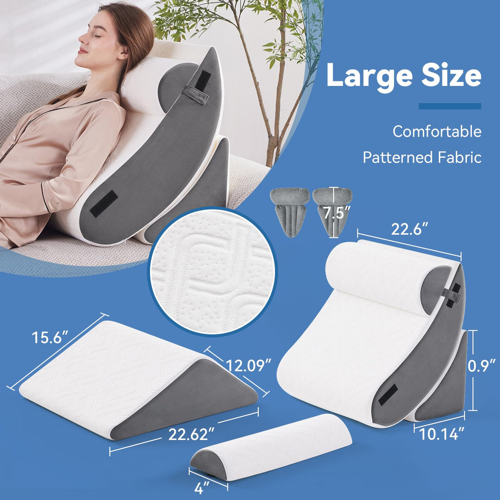 Negwoo 5PCS Orthopedic Bed Wedge Pillow Set for Sleeping, Post Surgery Foam Support Pillow for Back, Neck, Leg Pain Relief and Acid Reflux, Comfortable Adjustable Pillow with 2PCS Axilla Pillow Grey