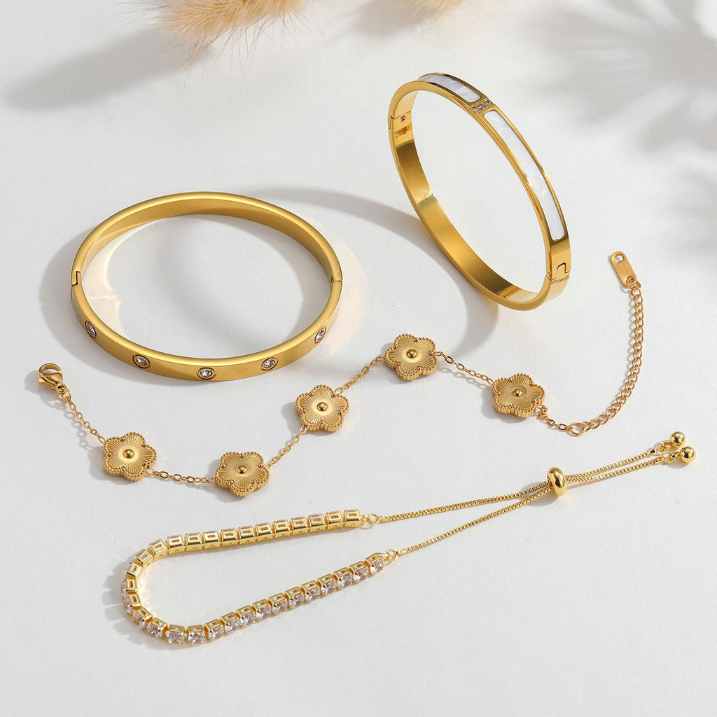 18K Gold Plated Stackable Bangles Bracelets for Women - 4 Pcs Gold Bracelet Set Trendy Stainless Steel Fashion Accessories, Dainty Stacked Jewelry Set Gift for Daily Wear Five Leaf Clover