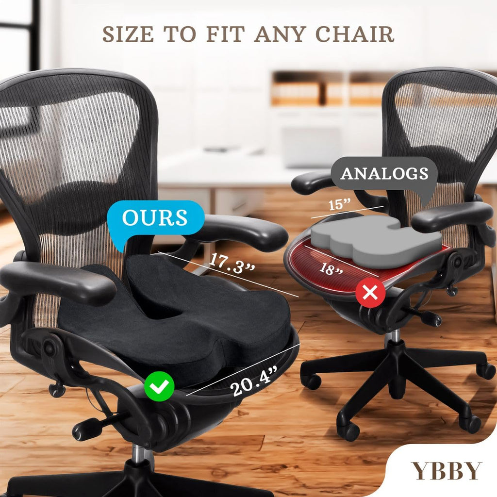 YBBY Seat Cushion for Sciatica - Pressure Seat Cushion for Tailbone Pain Relief – X-Large 20.4 in Memory Foam Coccyx Pillow, Desk Chair & Wheelchair & Truck & Car Seat Cushion