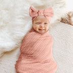 DRESHOW BQUBO Baby Swaddle Blankets for Girls, 4PCS Newborn Accessories Set with Matching Hat and Bow Headband with Card