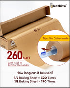 Katbite Unbleached Parchment Paper for Baking, 15 in x 210 ft, 260 Sq.Ft, Heavy Duty Baking Paper with Slide Cutter, Non-stick Brown Parchment Paper Roll for Cooking, Air Fryer, Steaming, Baking Bread