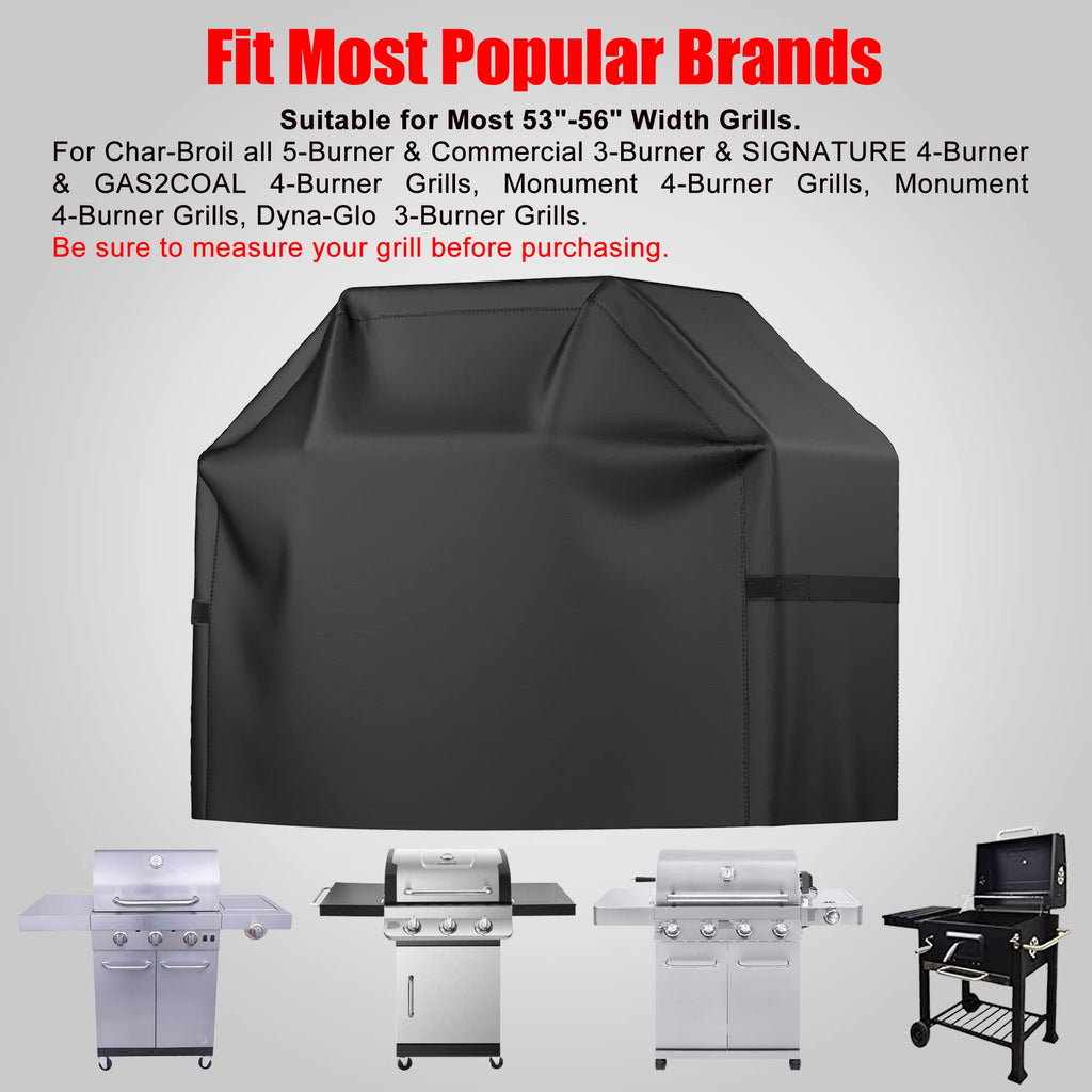 Grill Cover, BBQ Grill Cover, Waterproof, Weather Resistant, Rip-Proof, Anti-UV, Fade Resistant, with Hook-and-loop and Strap, Gas Grill Cover for Weber,Char Broil,Nexgrill Grills, etc. 55 inch, Black