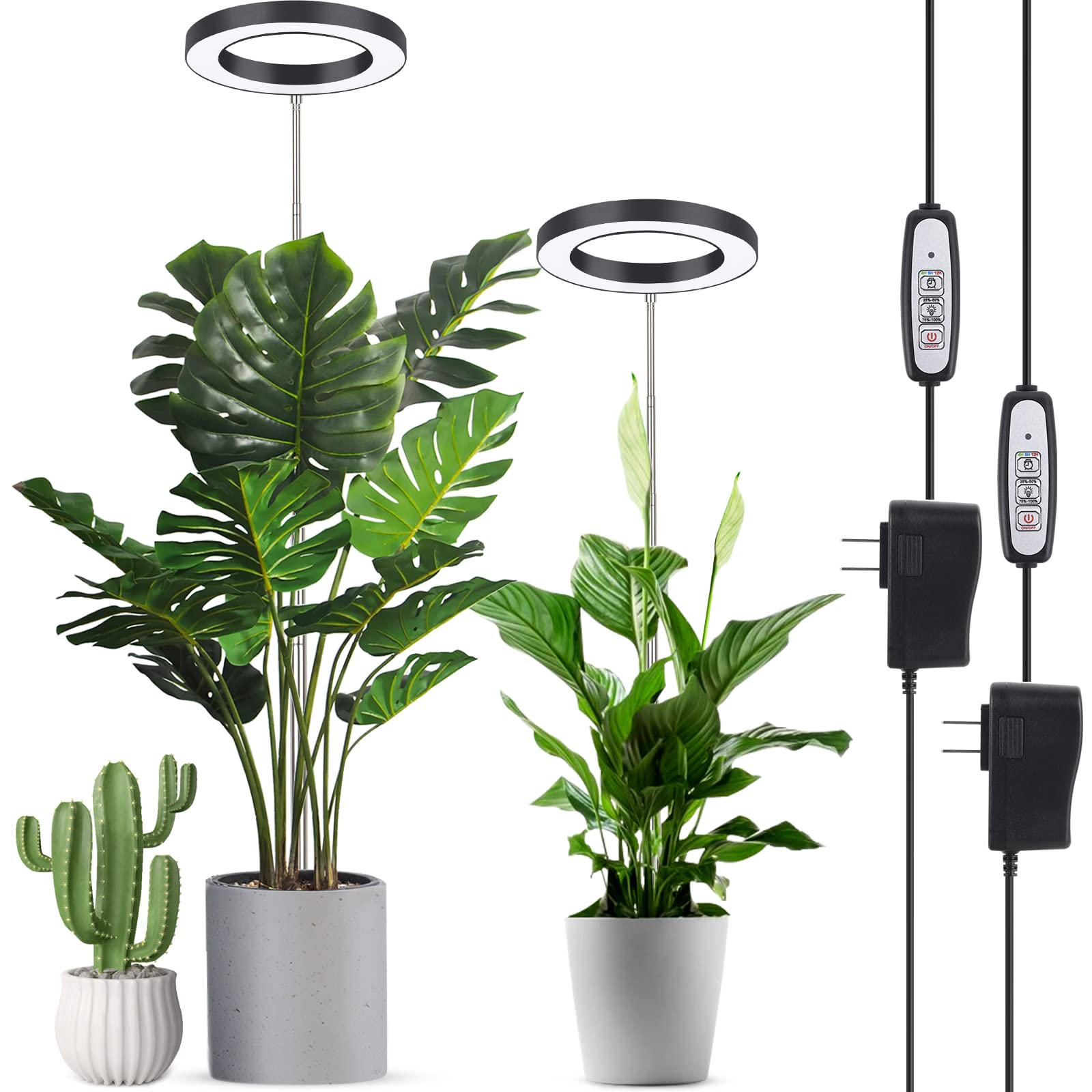LORDEM Plant Grow Light, Full Spectrum Plant Light for Indoor Plants, Brightness Adjustable LED Growing Lamp with Auto On/Off Timer 4H/8H/12H, Height Adjustable, 2 Packs of Black