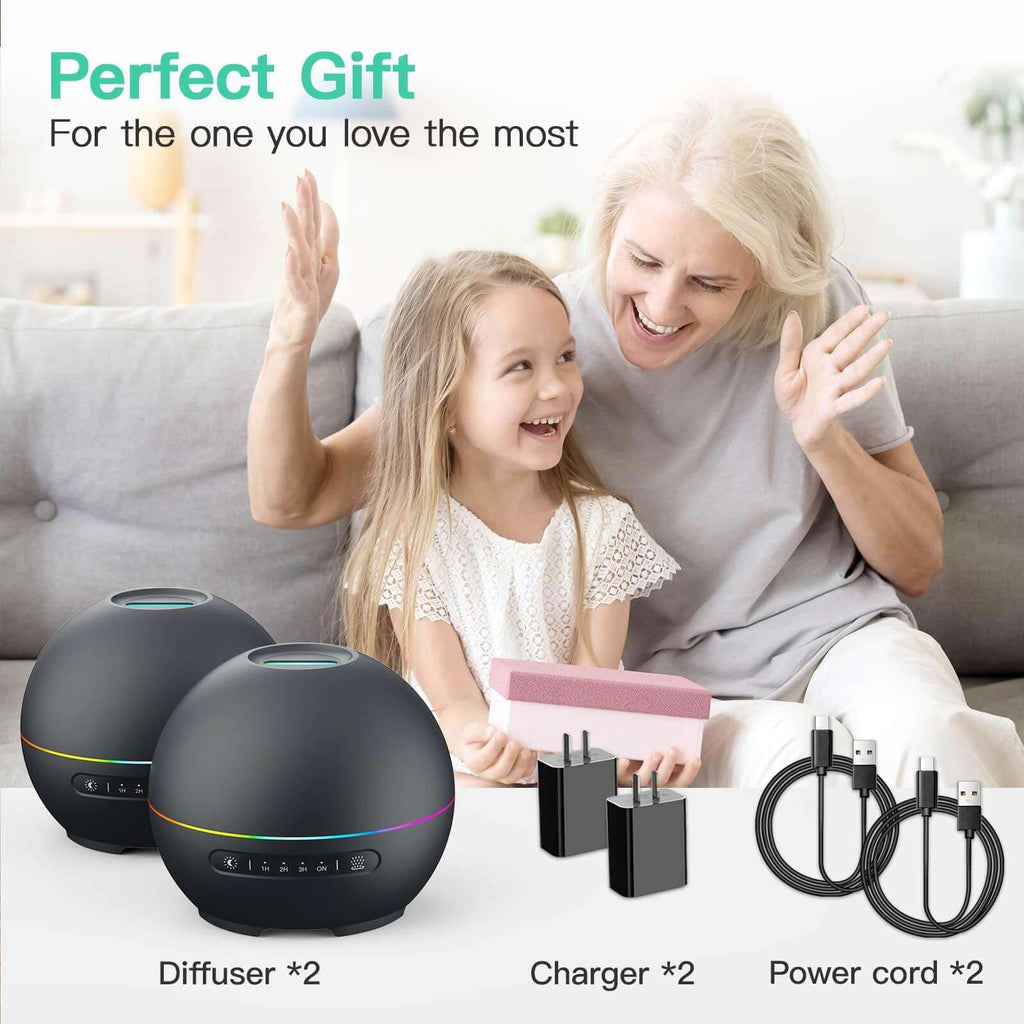 2 Pack Essential Oil Diffusers for Home - 200ml Aromatherapy Diffuser Humidifier with 4 Timers & 7 Colors Night Lights, 20dB Quiet Working for 10 Hours, Waterless Auto-Off