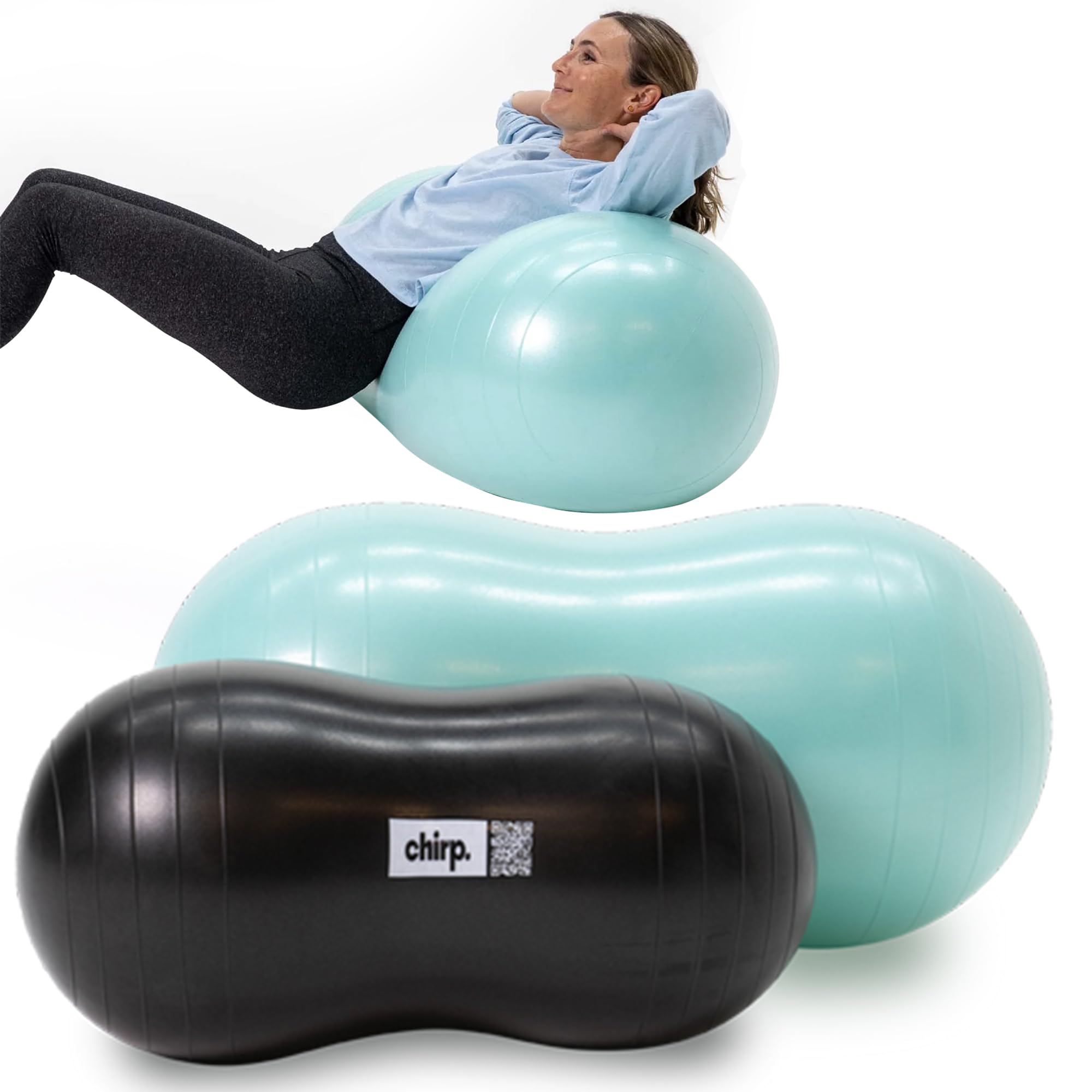Chirp Cloud Peanut Mobility Ball for The Back, Physical Therapy Massage Ball for Adults, Exercise Balance Ball, Sensory Therapy Toys for Autistic & ADHD - 2 Pack (Mint 100x50cm, Black 60x30cm)