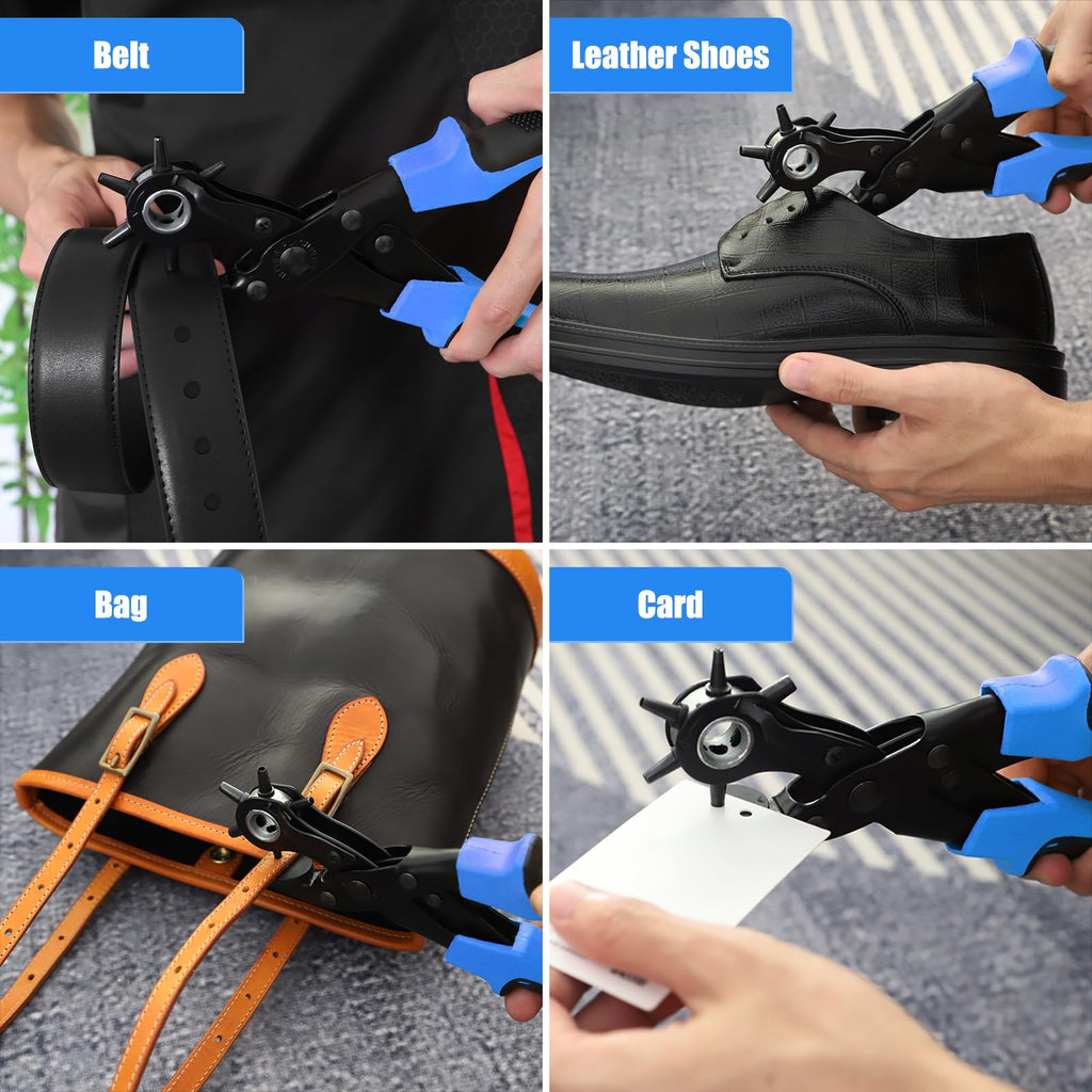 Professional Leather Hole Puncher, Full Set Punch Tool Kits for Belt, Watch Band, Shoe, Crafting, Handbag Straps, Fabric, with Extra Punch Plates and Ruler, Multi Hole Sizes Make - Blue