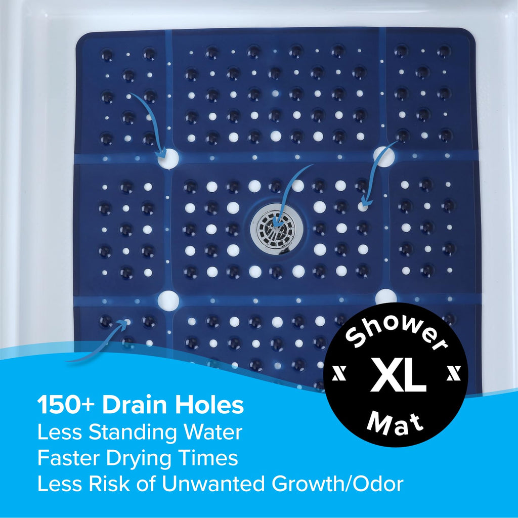 SlipX Solutions Extra Large Square Shower Mat, 27"x27", Non-Slip Stall Mat for Elderly & Kids Standing Bath Tub Mat, Machine Washable, Suction Cups, Navy