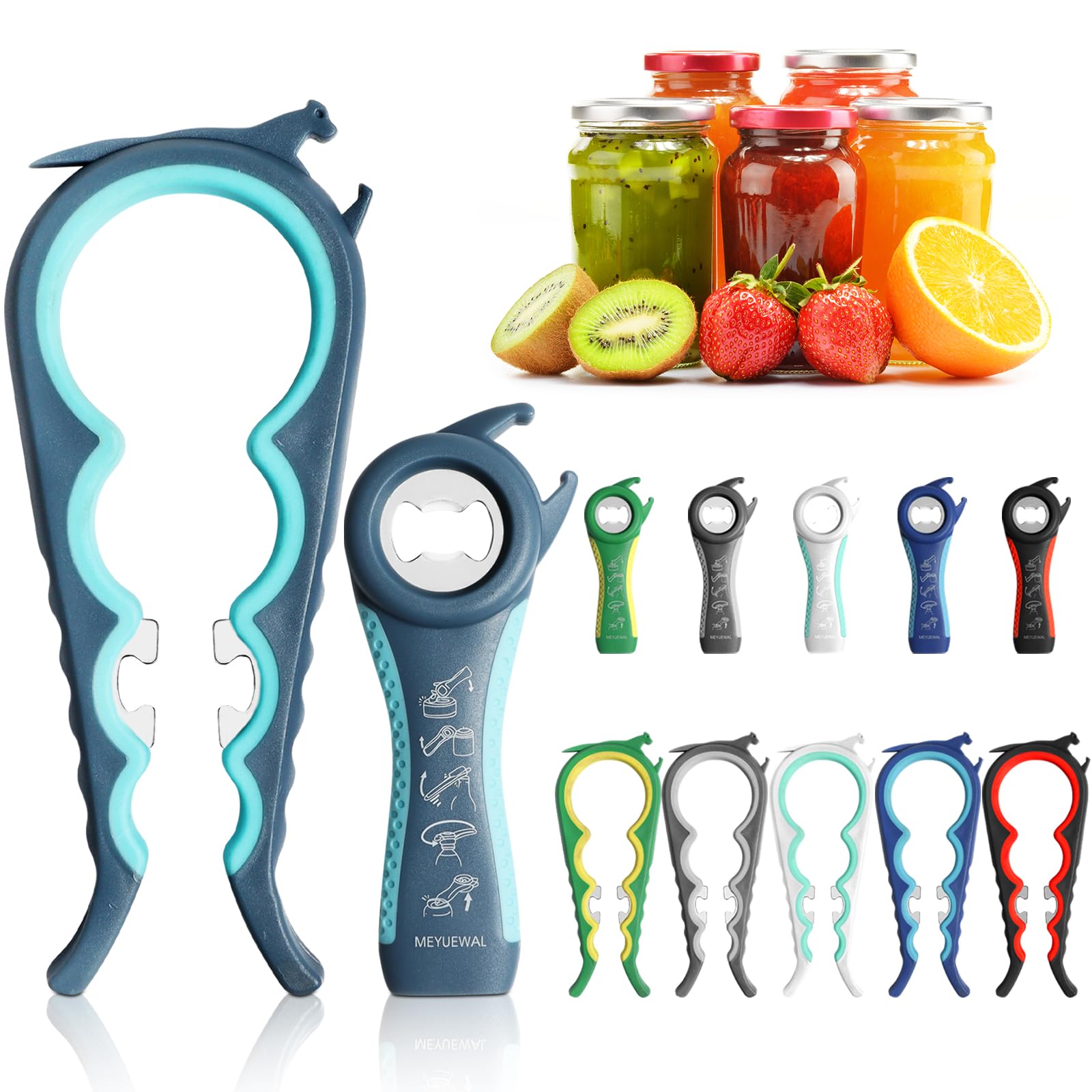 MEYUEWAL Jar Opener, 6 In 1 Bottle Opener Can Opener for Weak Hands, Jar Openers for Seniors with Arthritis, Multifunctional Lid Opener Kit, Easy Jar Opener Tool for Elderly Adults Kids (Blue), Large