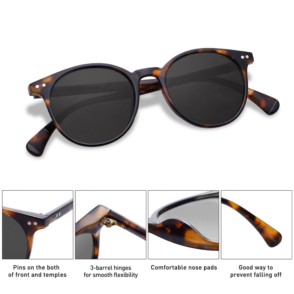 Small Round Classic Polarized Sunglasses for Women Men Vintage Style UV400 Lens MAY SJ2113, Tortoise/Grey
