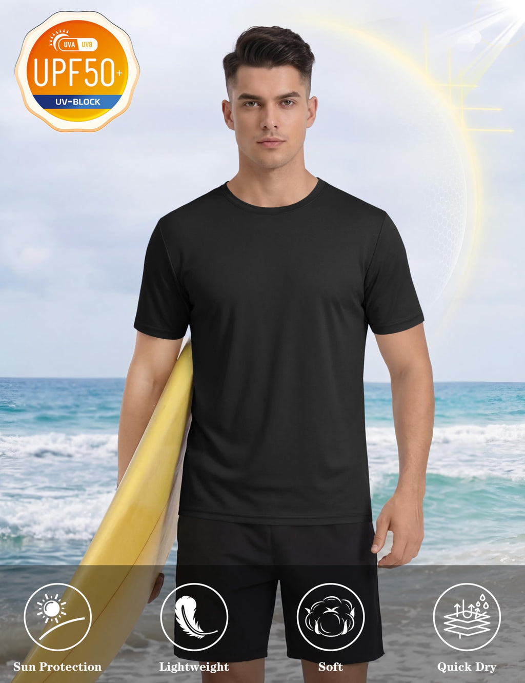 Mens Athletic Sun T-Shirts Lightweight Shirts UV Protection Clothing for Men Outdoor Hiking Shirts Gym Shirts Sports Shirts Black