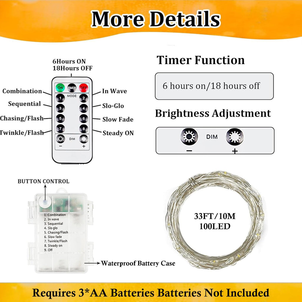4-Pack Fairy Lights Battery Operated with Remote, Waterproof 33FT 100 LED Battery String Lights Outdoor Indoor, 8 Modes Twinkle Lights with Timer for Bedroom Classroom DIY Christmas Decor (Warm White)