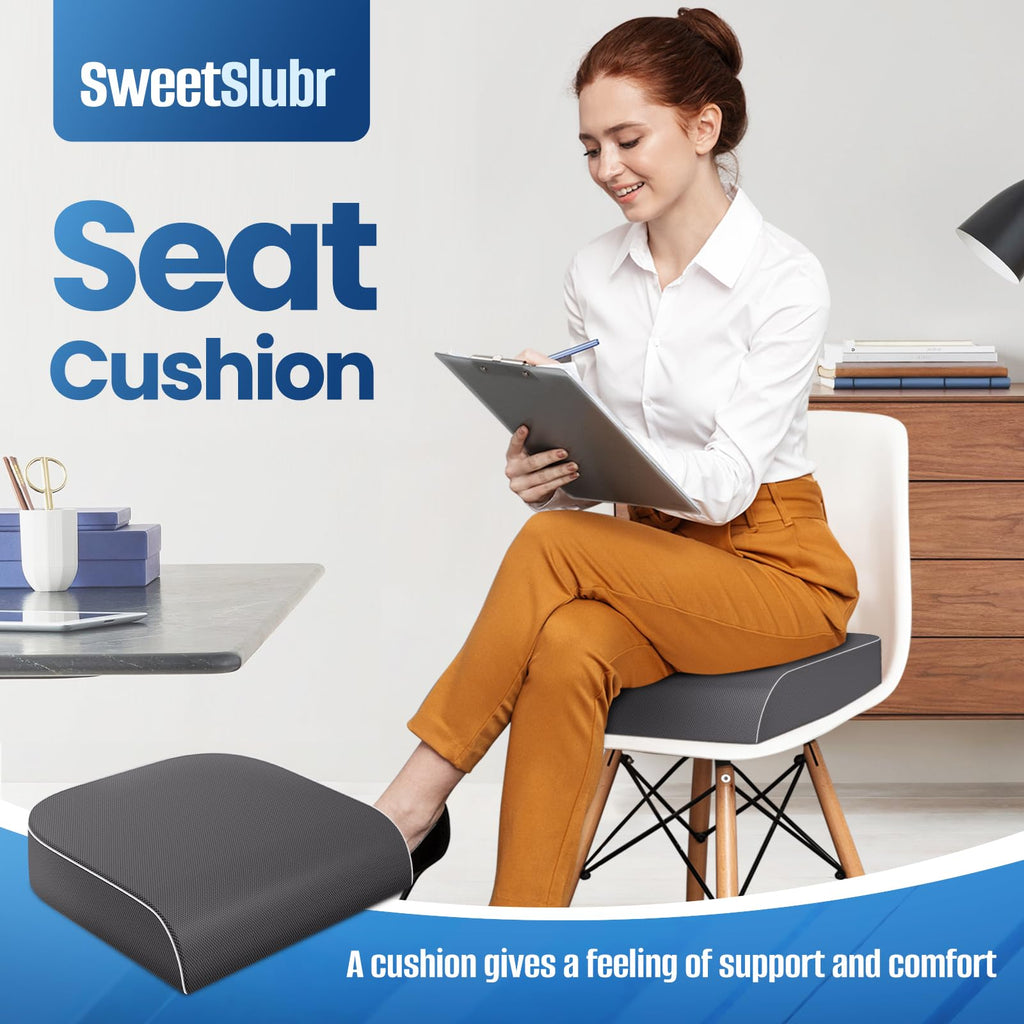 SweetSlubr Seat Cushion for Taibone Pain Relief, Office Chair Cushion, Memory Foam Large Chair Cushion with Non-Slip Cover for Soft Support at Office Chair, Car Seat, Airplane, Bleacher Grey/Large