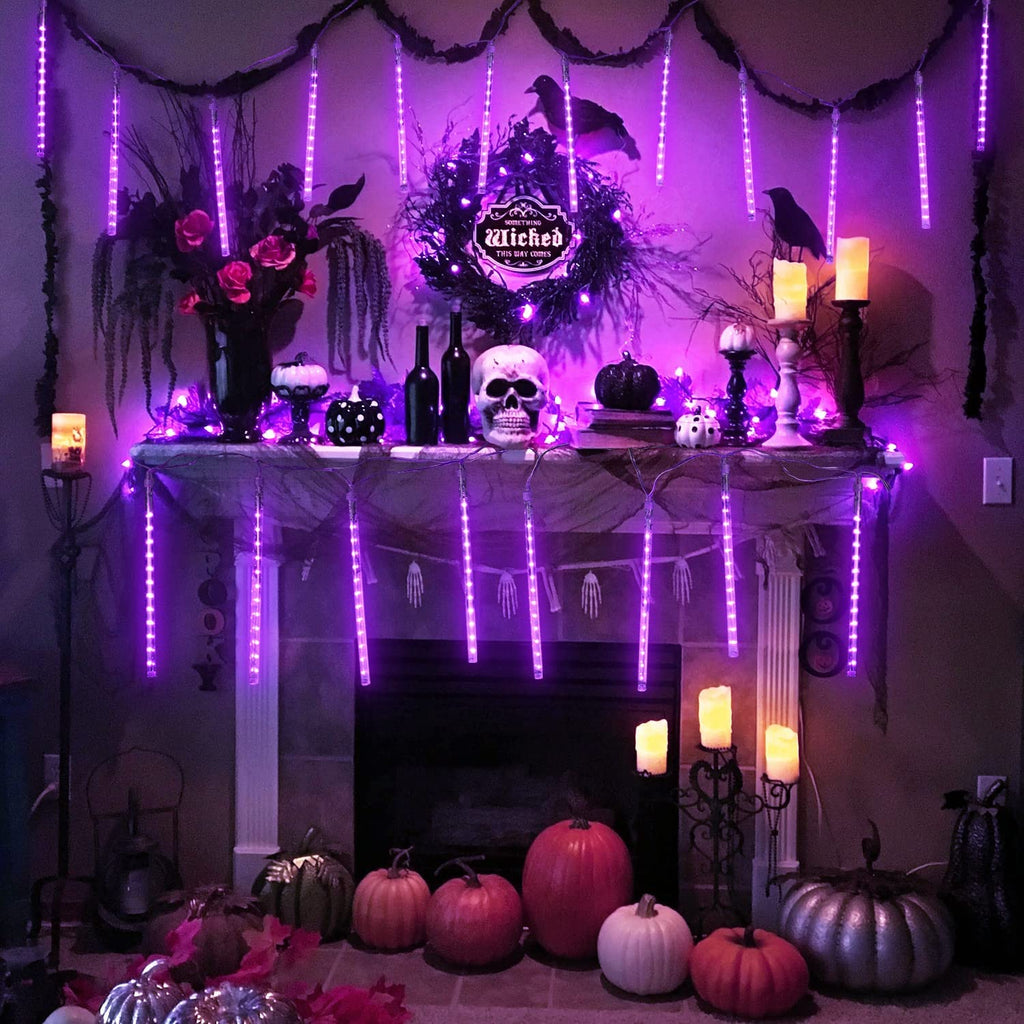 JMEXSUSS 2 Pack Purple Solar Halloween Lights, 16 Tube 288 LED Solar Meteor Shower Rain Lights, Solar Christmas Lights Outdoor Waterproof for Tree Halloween Christmas Decorations