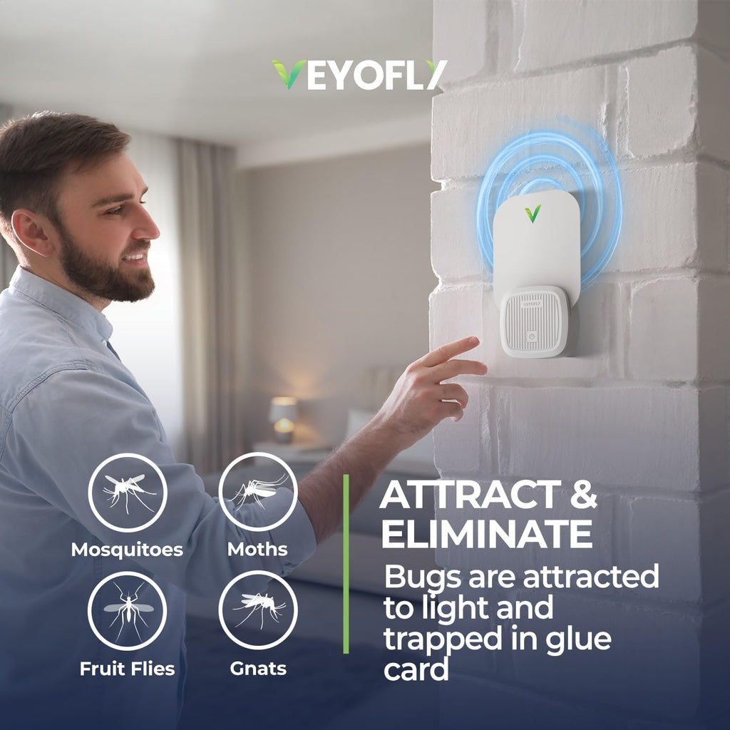 VEYOFLY Indoor Flying Insect Trap - Plug-in Bug Light Trap for Fruit Flies, Gnats and Houseflies - Odorless and Mess Free (1 Device + 3 Glue Boards)