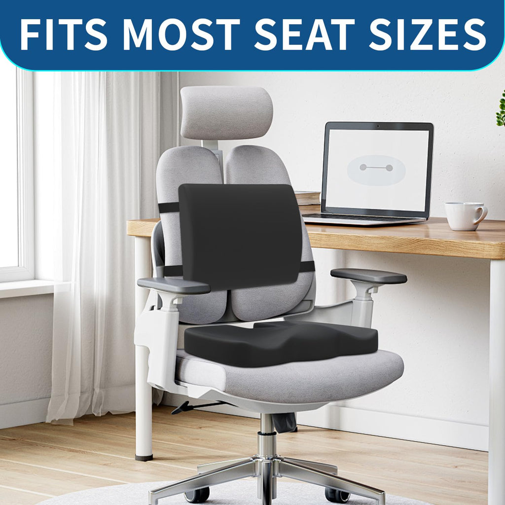 Memory Foam Seat Cushion & Lumbar Support Pillow for Office Chair Car Wheelchair Orthopedic Chair Pad and Back Cushion with Adjustable Straps for Lower Back, Tailbone, Sciatica, Hip Pain Relief