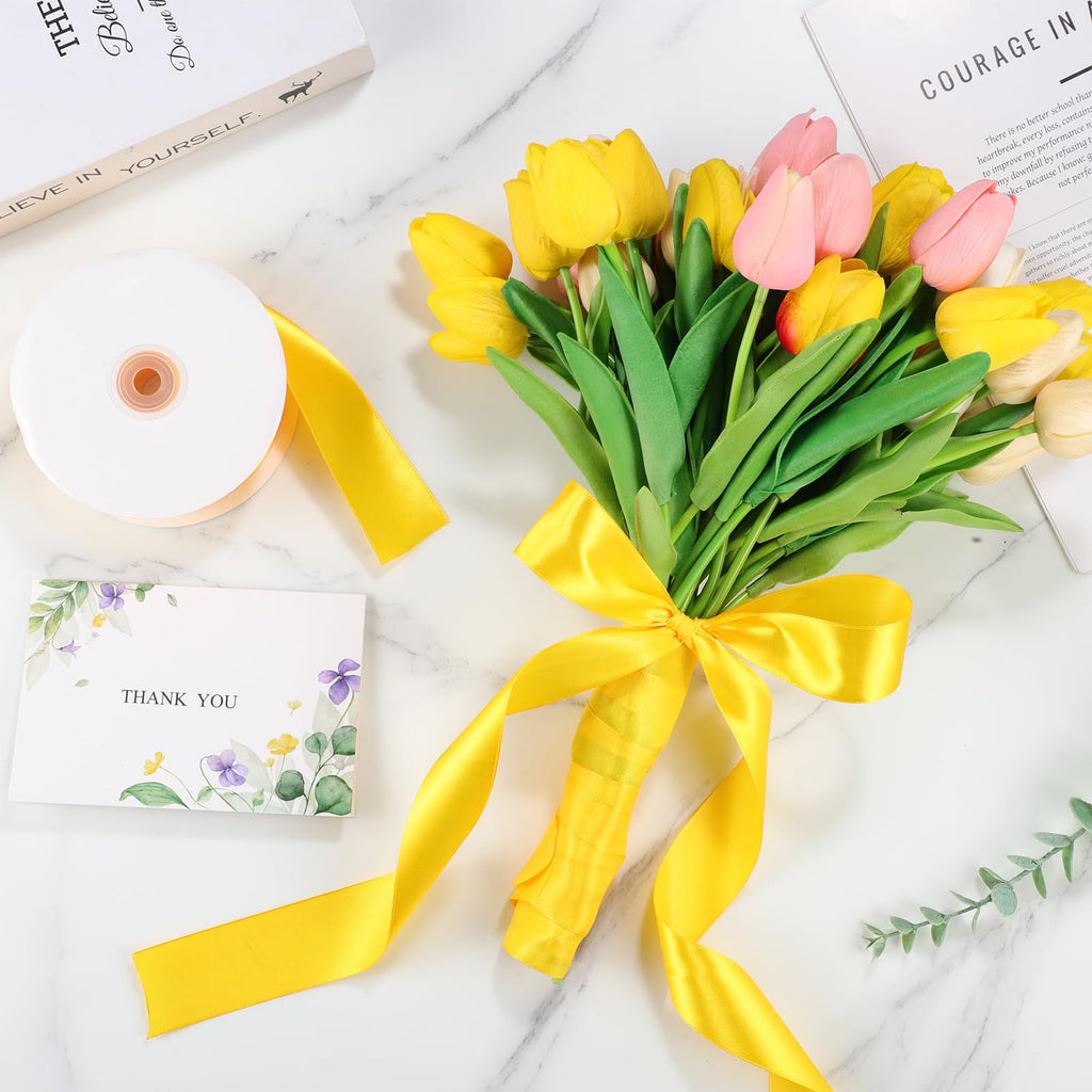 Yellow Satin Ribbon 120 Yards 1 1/2 Inch Yellow Ribbon Stocking Stuffers for Gift Wrapping Flower Bouquet Crafts Fall Decor Party Halloween Christmas Decorations