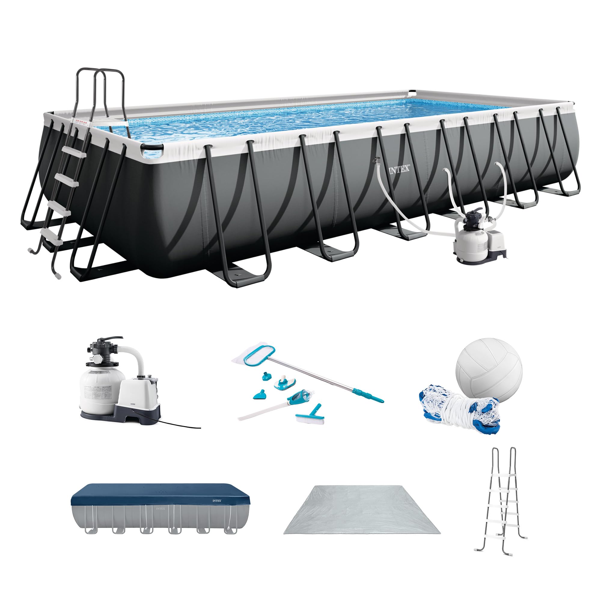 INTEX Ultra XTR 24 ft x 12 ft 52 in Above Ground Pool Set, Rectangular Swimming Pool with Sand Pump, Saltwater System, Maintenance Kit, & Volleyball Game