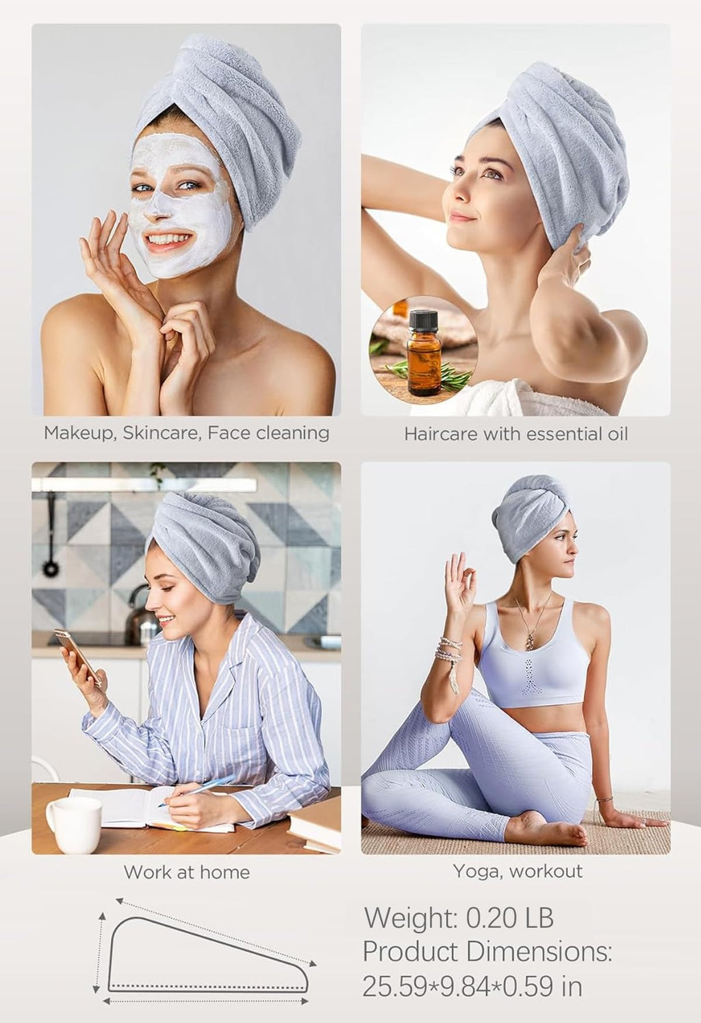 Hicober Microfiber Hair Towel, 3 Packs Hair Turbans for Wet Hair, Drying Hair Wrap Towels for Curly Hair Women Anti Frizz (Grey,Blue,Grey)