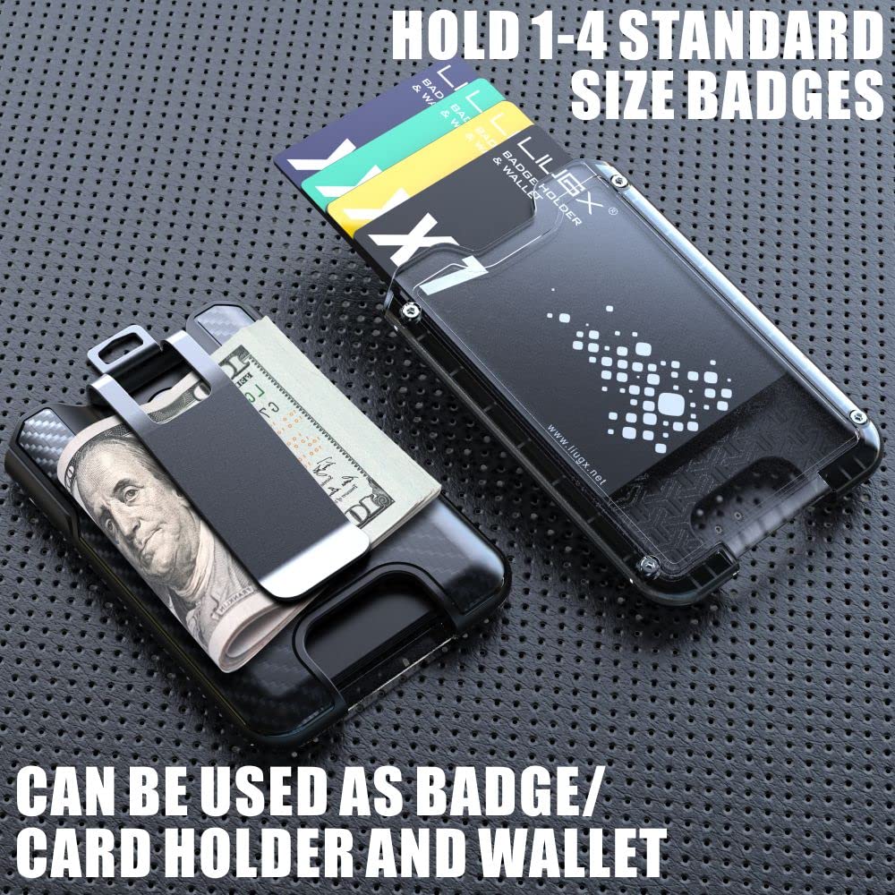 Badge Holder, ID Card Holder with Metal Clip - Durable Polycarbonate (Holds 1 to 4 Cards), Portable Wallet for Office, Laborer, Police, Work, Black