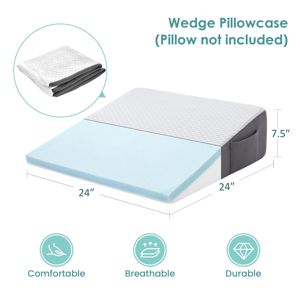 Wedge Pillow Cover Fitted 7.5" Bed Wedge 24" W x 24" L x 7.5" H, Soft Machine Washable Wedge Pillow Case, Only One Cover
