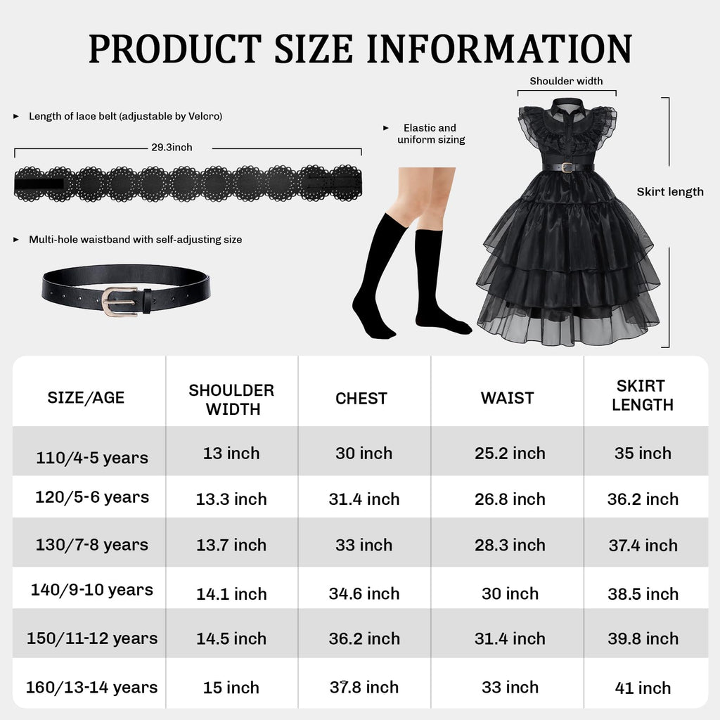 MGparty Black Dress for Girls Halloween Costume Cosplay Party Dress with Headband Belt Socks Accessories for Kids 4-14 Years
