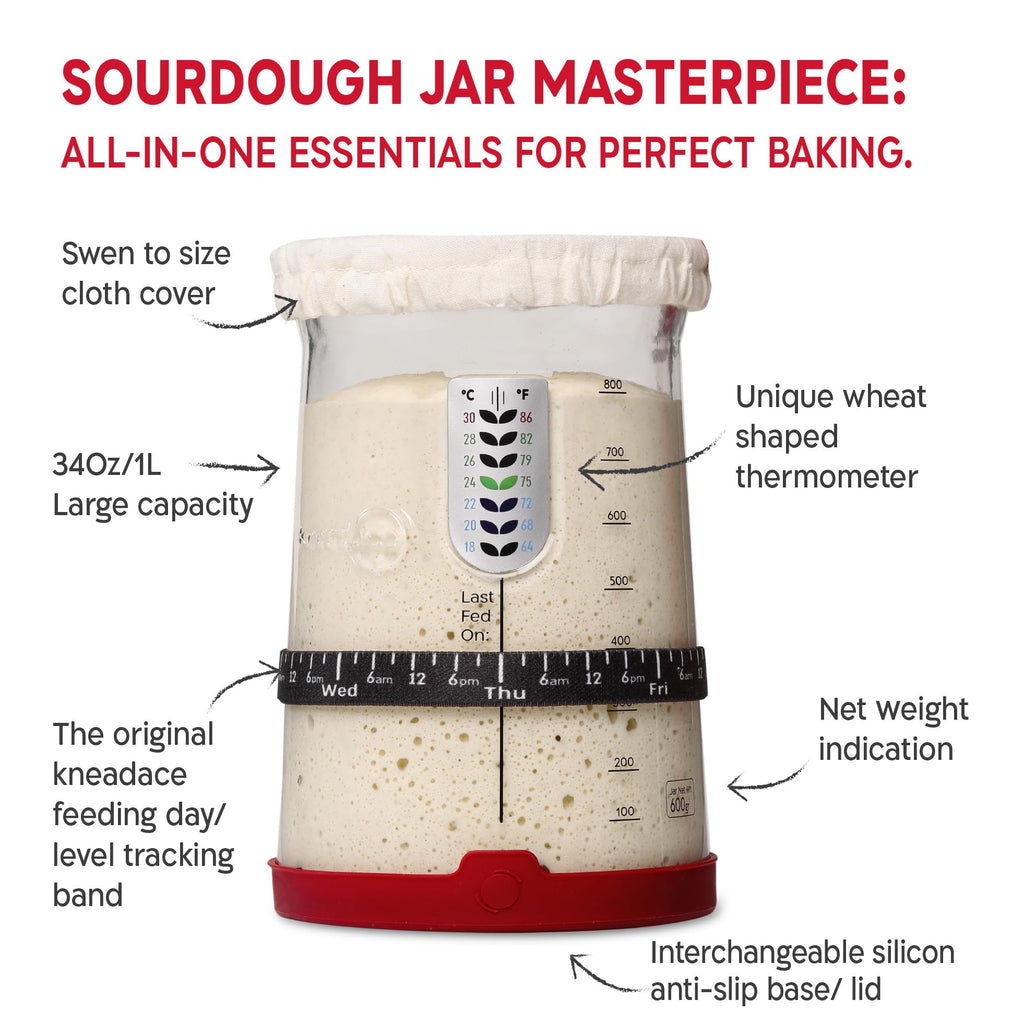 KneadAce Sourdough Starter Kit – 34oz Starter Jar, 2 Cotton Rope Banneton Proofing Baskets, Magnetic Bread Lame for Scoring – Gift for Bakers & Complete Sourdough Bread Baking Set