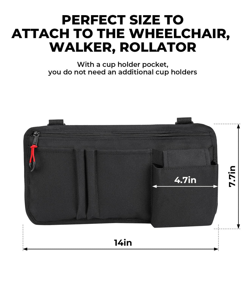 JOYTUTUS Wheelchair Side Bag, Wheelchair Armrest Storage Pouch Bag with Cup Holder, Wheelchair Accessories Bag for Walker, Rollator, Electric Scooter or Wheelchair