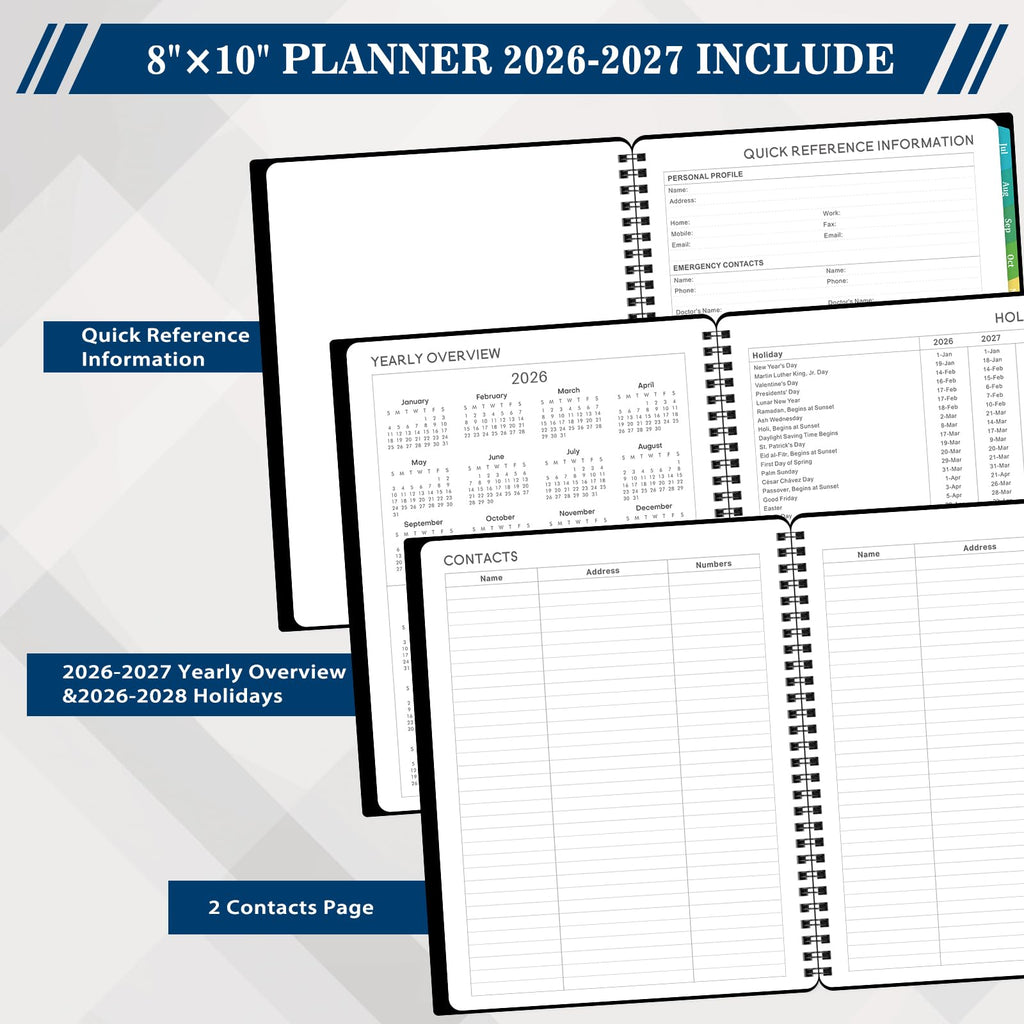 Planner 2026-2027 for Office, School, Home - Spiral Bound Academic Monthly Weekly Calendar July 2026 - June 2027 Organizer with To Do List, Tabs & PP Cover 8" x 10"