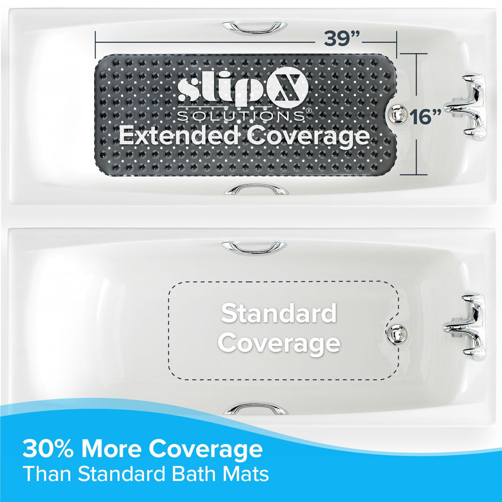 SlipX Solutions Power Grip Extra Long Bath Tub & Shower Mat 39x16, Wet Floor Non-Slip for Elderly & Kids Bathroom, 30% Longer Bathtub Mats, 200 Suction Cups, Drain Holes (1, Clear Black)
