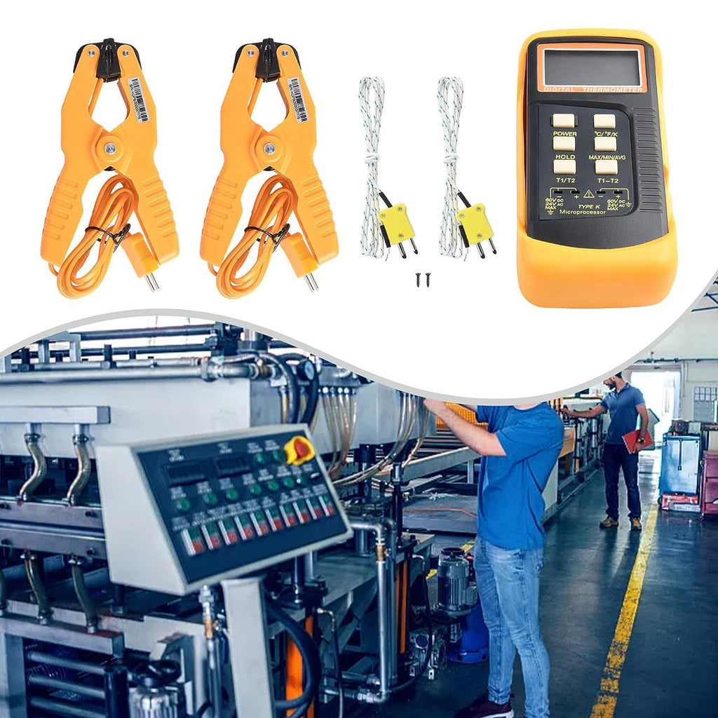 K Type Thermocouple Thermometer(-50~1300°C) Digital Dual Channel, 2 Thermometer Pipe Clamp 2 Thermocouple Sensor Probes, Pipe Temperature Clamp Thermocouple High Accuracy Readings