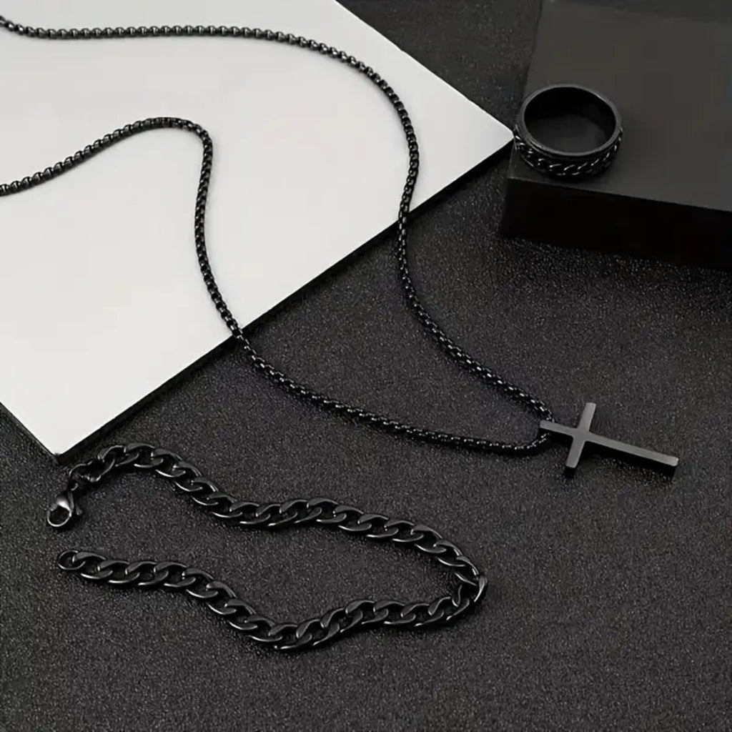 Alloy Cross Necklace Bracelet Ring Set of Three, Cross Pendant, Fashion Accessories, Suitable for Everyday Wear and Match
