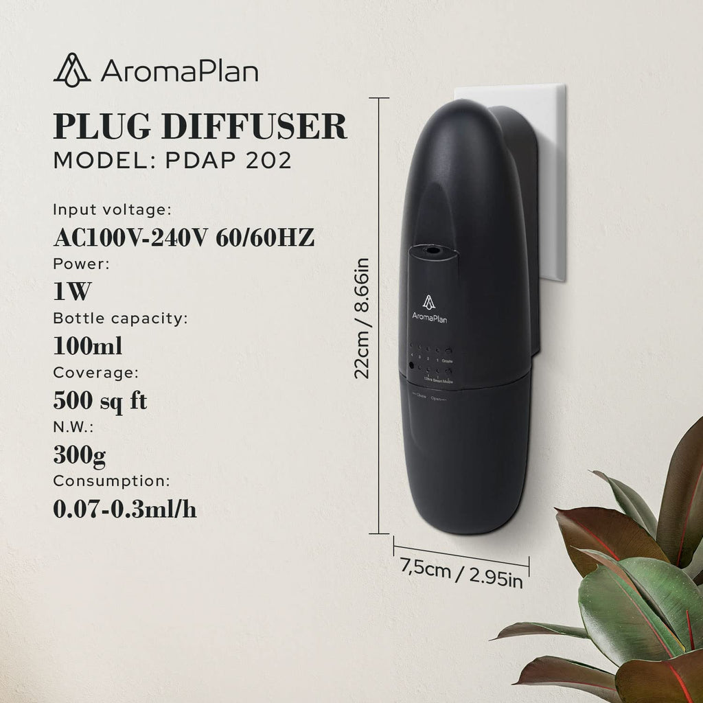 AROMAPLAN Plug in Waterless Diffuser - Up to 500 Sq. FT Coverage - Nanotechnology Plug in Oil Diffuser for Essential Oils -for Home and Office - Wall Silent & Waterless Oil Diffuser (Black)
