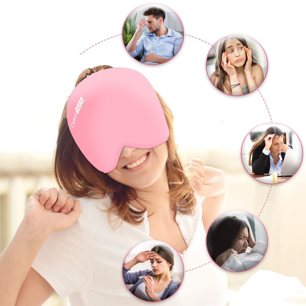 Comfitech Headache Relief Hat Migraine Cap, Wearable Migraine Mask Ice Head Wrap for Tension Headache, Puffy Eyes, Sinus Headache & Stress Relief Gel Cold Compress Pink