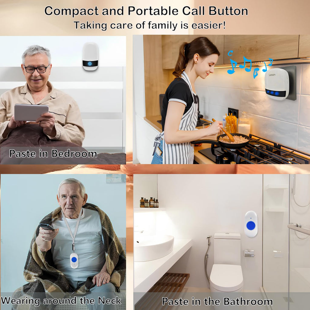 LIOTOIN Caregiver Pager Wireless Call Button Call Bell Call Light Alert Button for Home/Elderly/Patients/Disabled Nurse Alert System Emergency Button 3 Plugin Receivers 5 Waterproof Transmitters