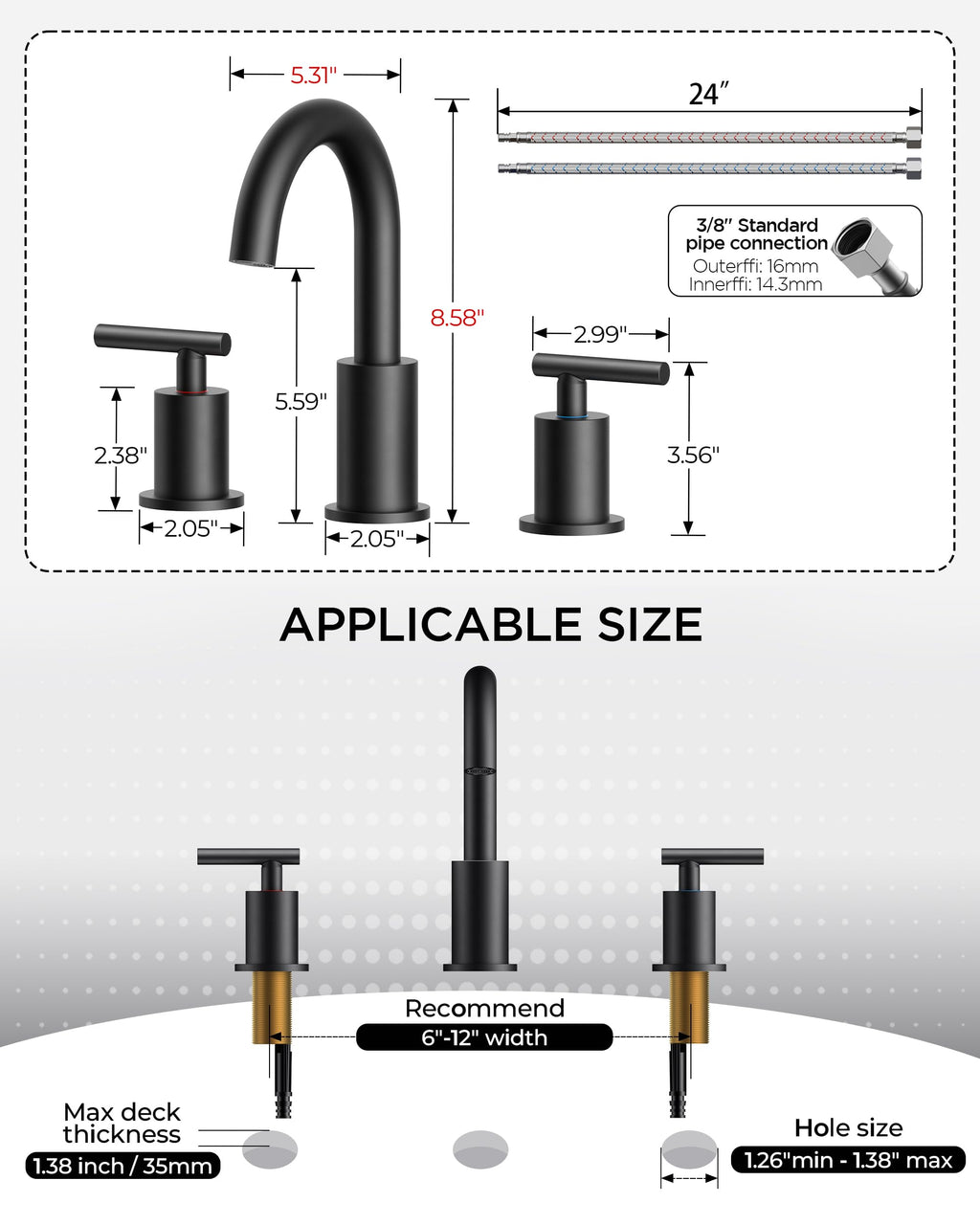 FORIOUS Black Bathroom Faucet 3 Hole, 8 Inch Matte Black Bathroom Sink Faucet Widespread with 360° Swivel Spout, Suitable for 6-12 Inch Vanity Sink, with Pop-up Drain and cUPC Supply Line