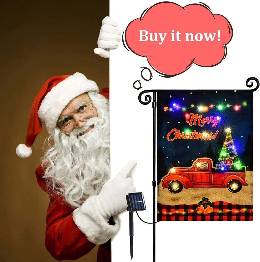 FLAGMESAGE Merry Christmas Lighted Garden Flag, LED Red Truck Flag, Vertical Christmas Flag for Outdoor Yard Garden Lawn Decoration