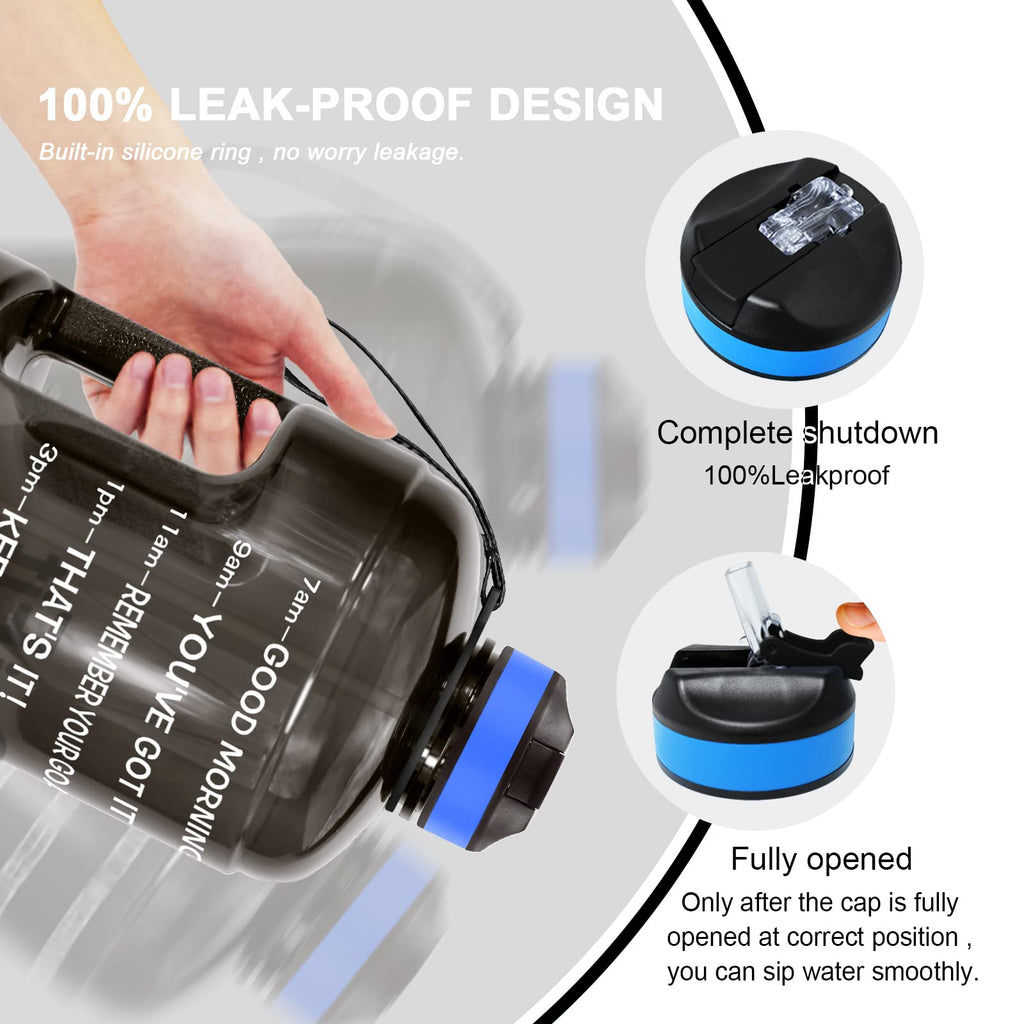 Motivational Gallon Water Bottle - with Straw & Time Marker BPA Free Large Reusable Sport Water Jug with Handle for Fitness Outdoor Enthusiasts Leak-Proof(Black,1 gallon)