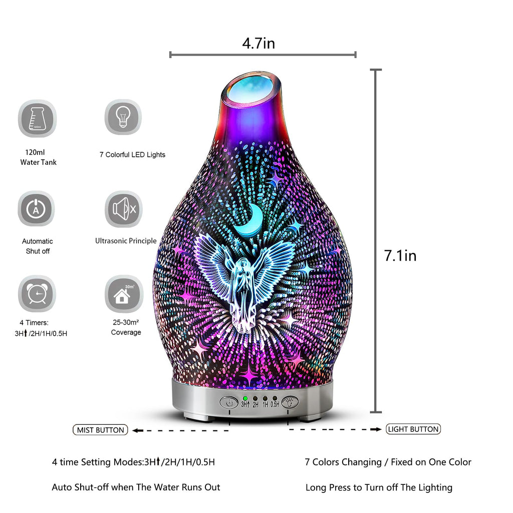 MAXWINER Essential Oil Diffuser 3D Glass Angel Aromatherapy Diffuser, Ultrasonic Cool Mist Oil Diffuser, Auto Shut-Off, Timer Setting, 7 Colors LED Lights Changing for Home, Office, Spa 120ml