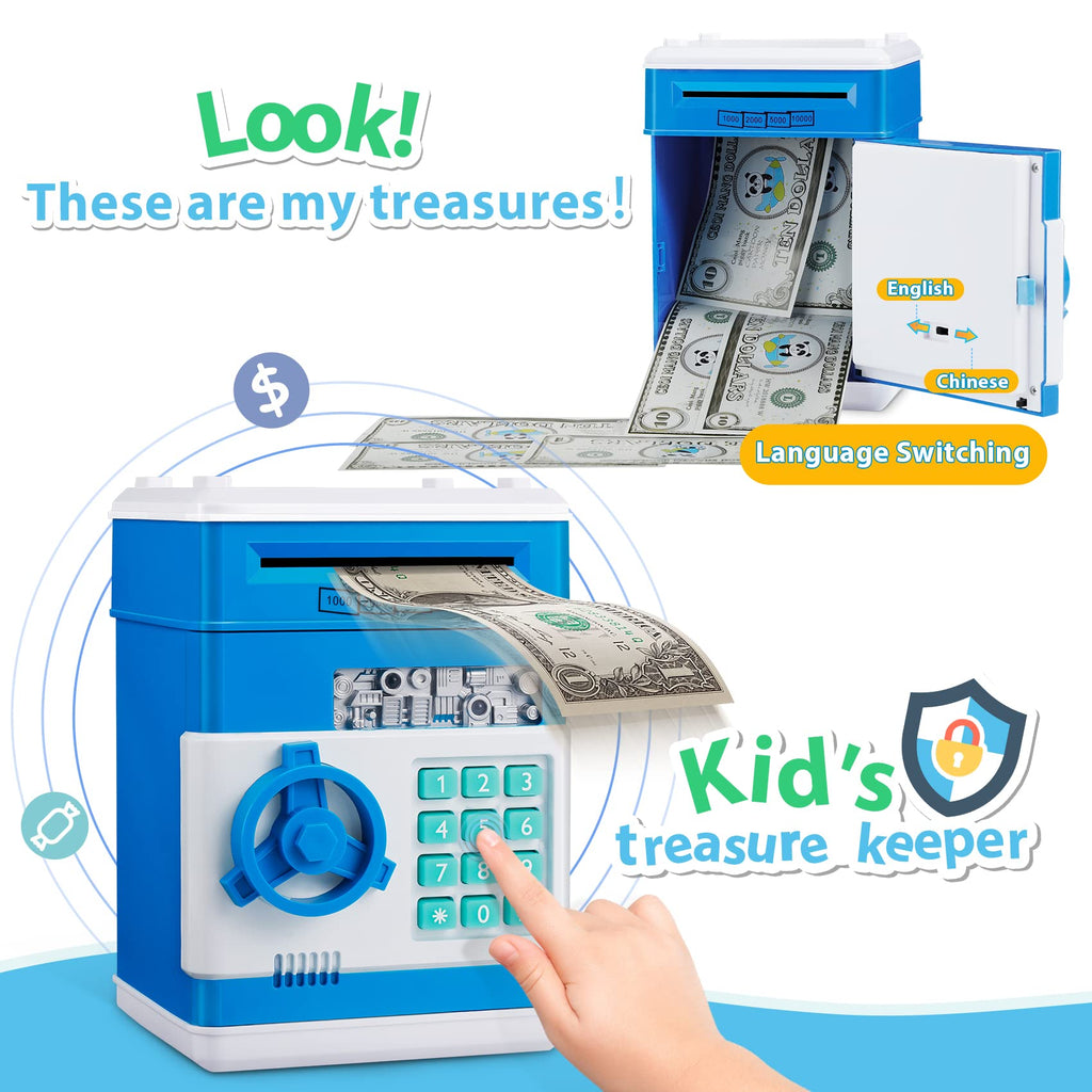 MAGIBX Piggy Bank Toys for 4 5 6 7 8 Year Old Boys Gift Ideas, Real Money Saving Box for Boys Toys Age 6-8-10, Christmas Birthday Gifts for 4 5 Year Old Boys ATM Machine for Kids 3-5, Blue Stuff