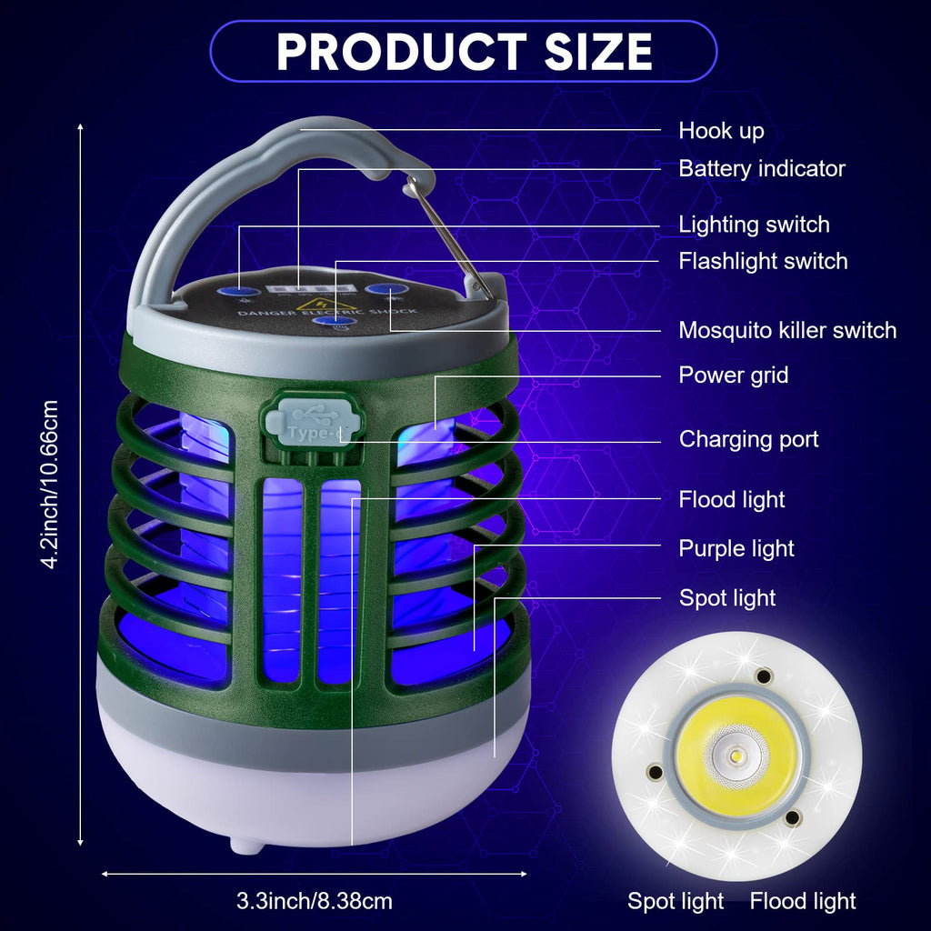 2 Pack 3 in 1 Bug Zapper USB Rechargeable Mosquito Killer Portable Waterproof Mosquito Repellent Outdoor Indoor LED Lantern Bug Zapper Camp Light SOS Emergency Light for Home, Backyard, Patio (Green)