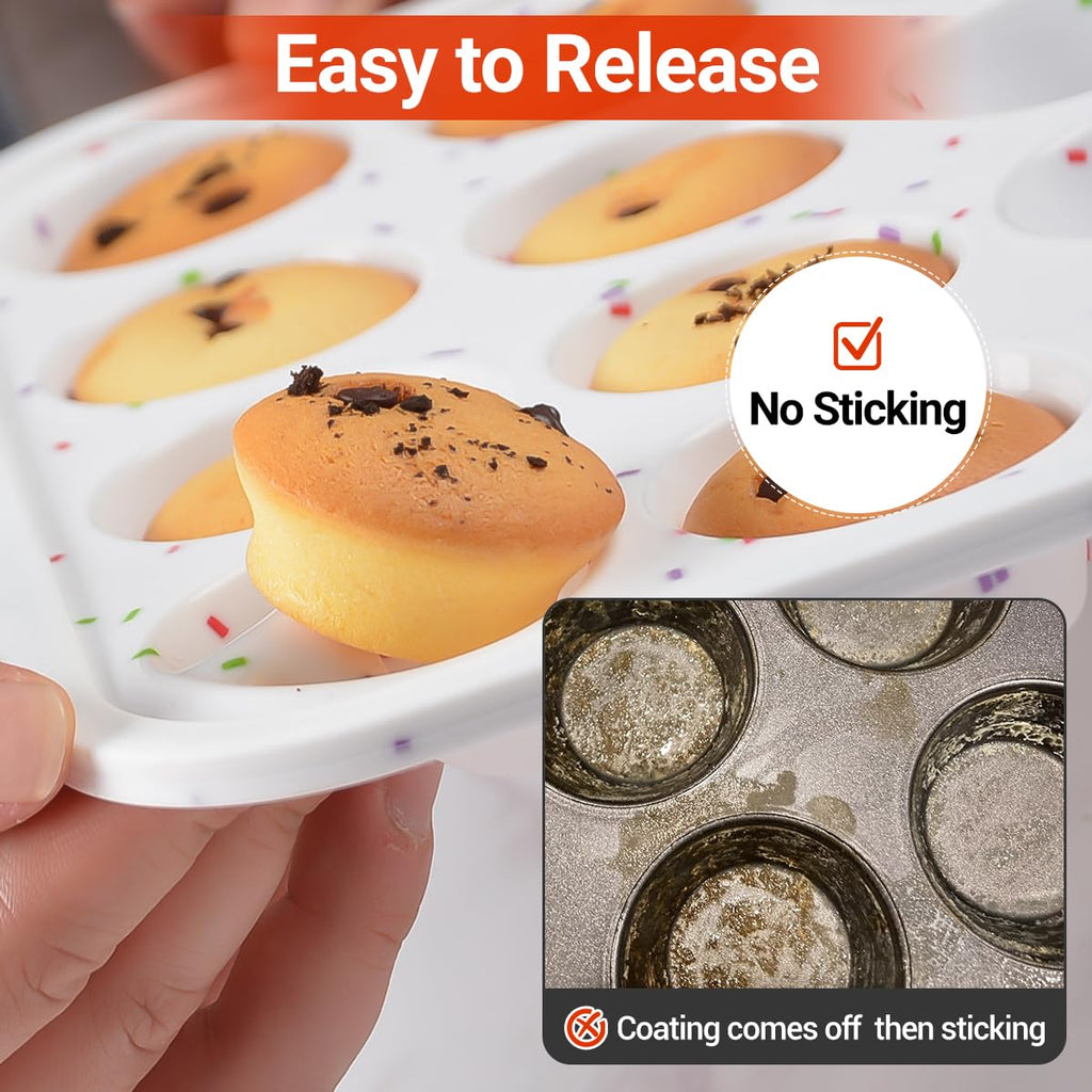 Mini Muffin Pan, Metal Reinforced Frame Mini Cupcake Pans 24 Cups Nonstick Muffin Silicone Molds with Handle for Baking Muffins, Cupcakes, Egg Bites 2 Pack