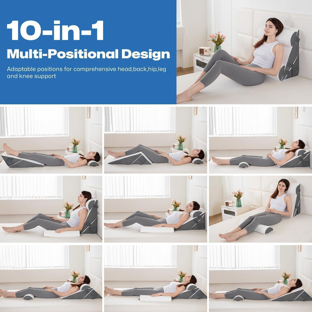 GOHOME Cooling Wedge Pillow Set for After Surgery, 4-Piece Adjustable Memory Foam Bed Wedge Pillow for Sleeping, Acid Reflux, Snoring, Neck Pain and Back Pain, White and Grey