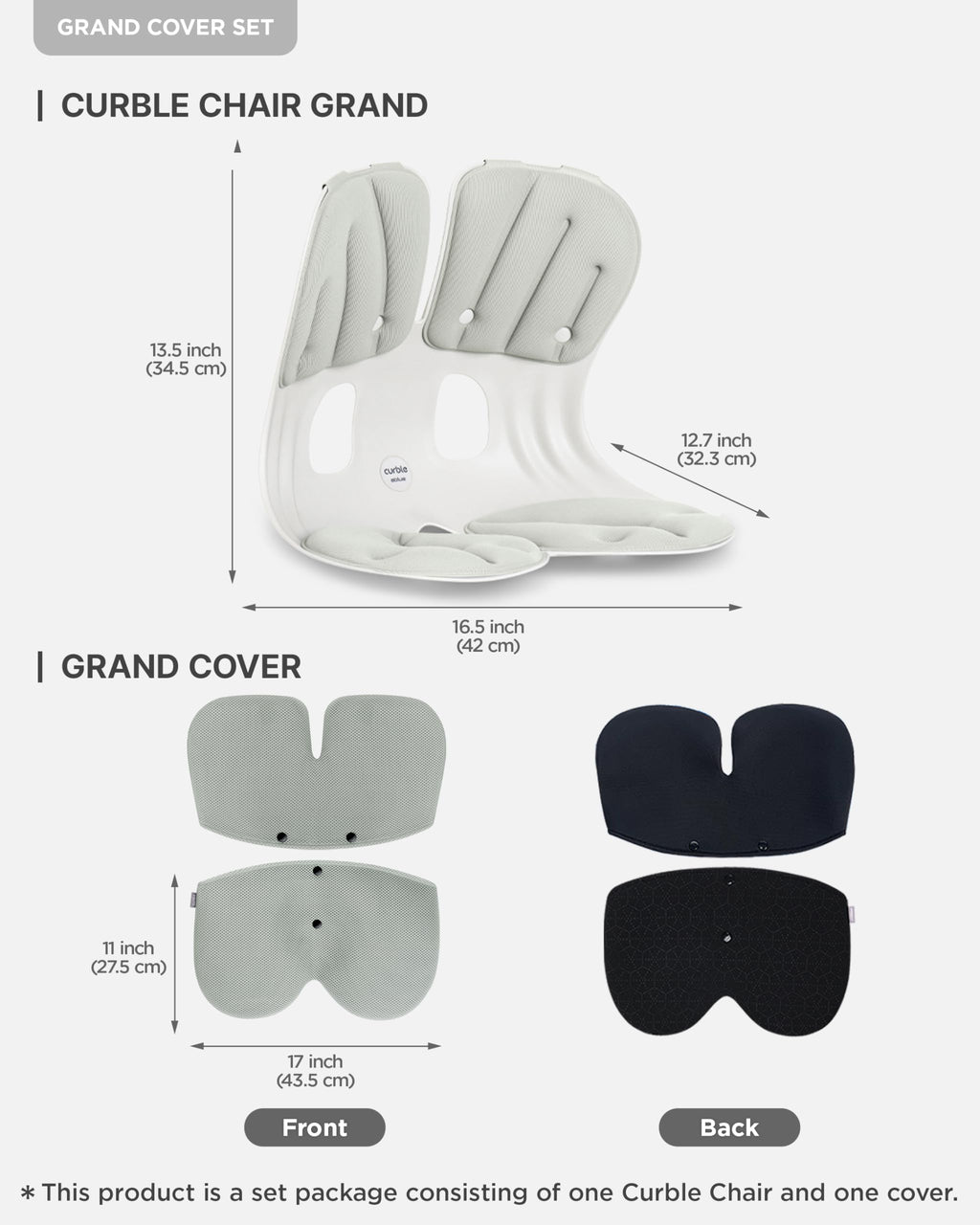curble GRAND(Extra Wide&Sturdy) COVER SET – Ergonomic Back Support Chair with Detachable Cover, Lumbar Support for Posture Correction & Lower Back Pain Relief, Perfect for Home & Office(Set Grey)