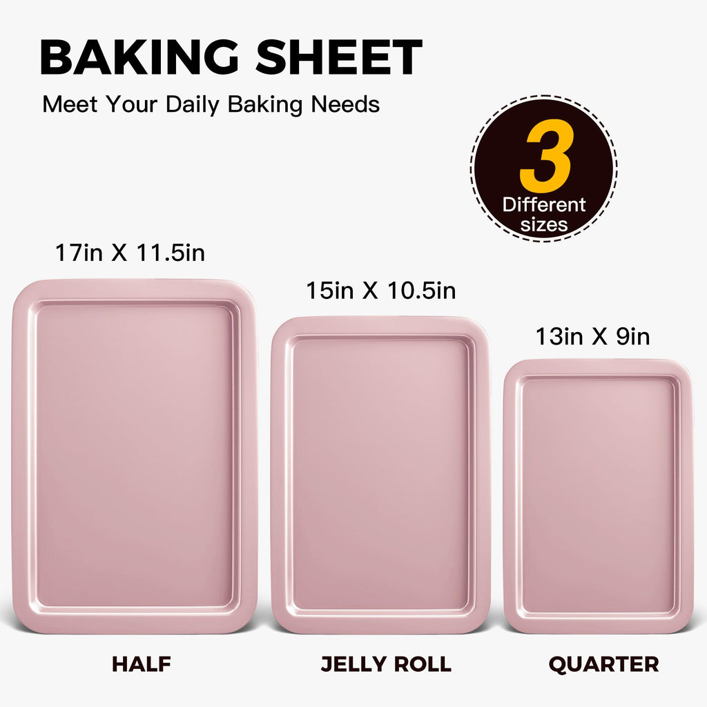 HONGBAKE Baking Sheet Pan Set, Cookie Sheet for Oven, Nonstick Bakeware Sets with Wider Grips, 3 Pack Half/Jelly Roll/Quarter Baking Tray, Premium, Dishwasher Safe-Pink