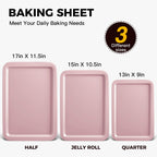HONGBAKE Baking Sheet Pan Set, Cookie Sheet for Oven, Nonstick Bakeware Sets with Wider Grips, 3 Pack Half/Jelly Roll/Quarter Baking Tray, Premium, Dishwasher Safe-Pink
